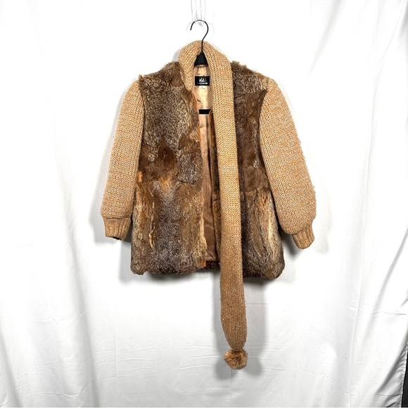 1980s Vintage Niki Rabbit Fur Knit Jacket Scarf Pom Pom Small - Picture 5 of 12